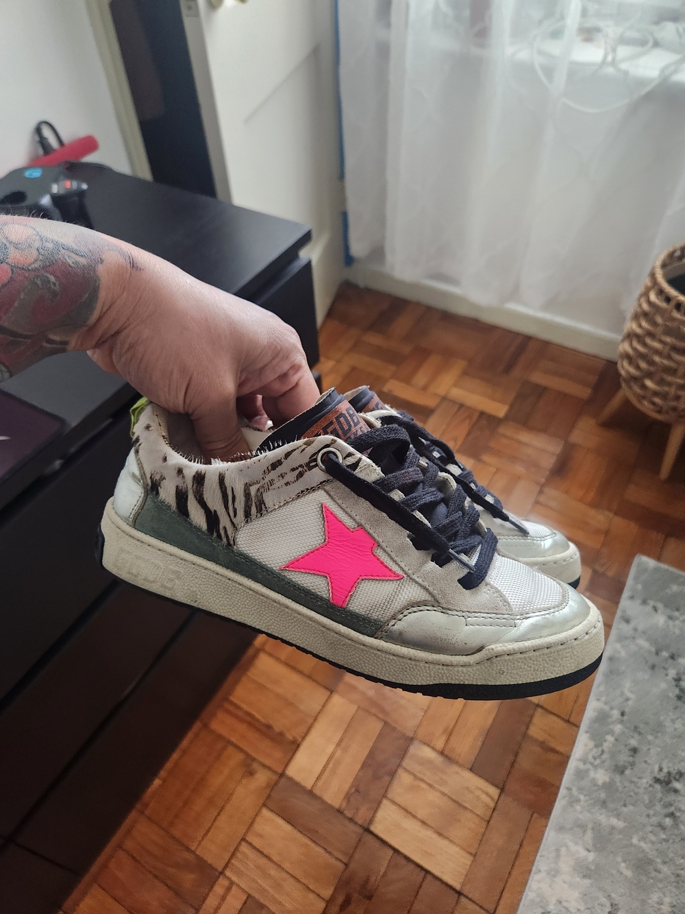 Golden Goose Yeah Size 37  White Sneakers with Hot Pink Star and Animal Print